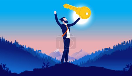 Illustration for Businessman holding key in hand outdoors - Man cheering after having found the key to success. Vector illustration - Royalty Free Image