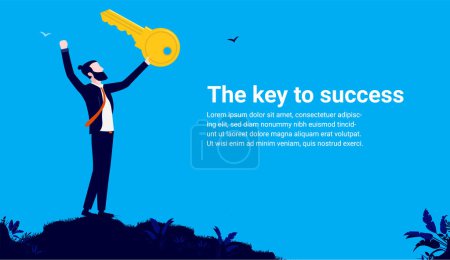 La clave del éxito - Empresario sosteniendo la llave grande en la mano con los brazos levantados, y celebrando el éxito. Copia espacio para texto. Ilustración vectorial.