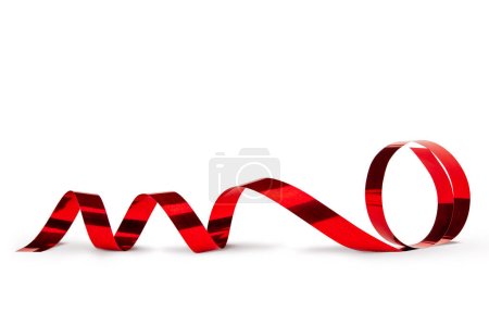 Photo for Closeup Red ribbon for Christmas tree decoration. Christmas ornaments. Celebration Christmas. Happy New Year. Macro high resolution photo. White isolated background with copy space. - Royalty Free Image