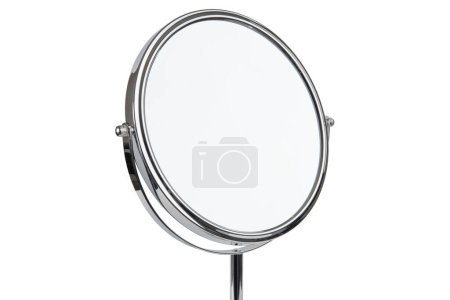 Round mirror for makeup. Magnifying mirror with 360 rotating. Cosmetic, cosmetology or makeup desk mirror. Silver metal stand magnify mirror for beauty salon. Woman skincare bathroom accessories