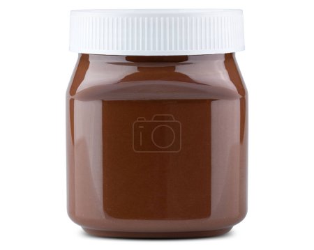 Chocolate cream with hazelnut. Jar of Brown, sweetened hazelnut cocoa spread. Delicious organic chocolate cream for morning snack, breakfast. Food photo. Macro high resolution. Isolated Background