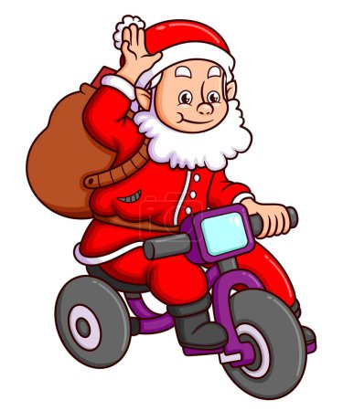 Téléchargez les illustrations : Le père Noël mignon claus est en vélo et agitant la main aux enfants de l'illustration - en licence libre de droit