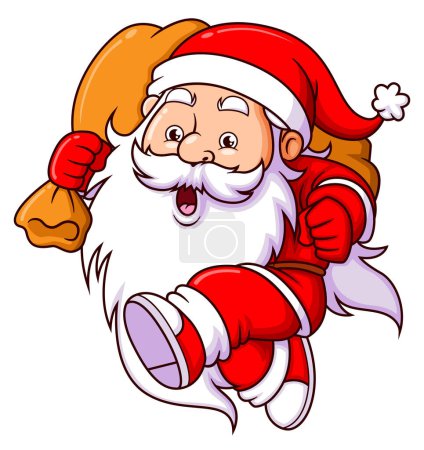 Téléchargez les illustrations : Le Père Noël nain claus est en cours d'exécution avec le grand sac de Noël cadeau d'illustration - en licence libre de droit