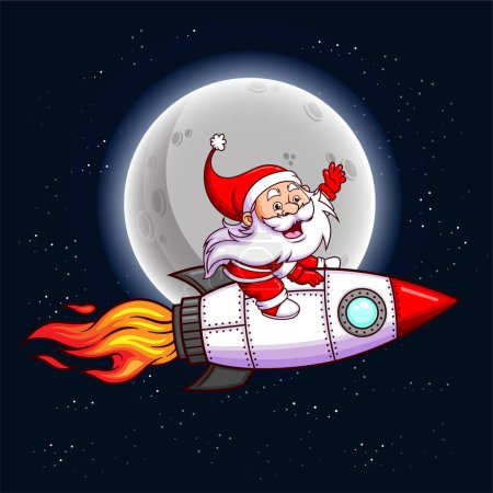 Téléchargez les photos : Le Père Noël nain conduit et vole avec la fusée turbo dans la nuit de l'illustration - en image libre de droit