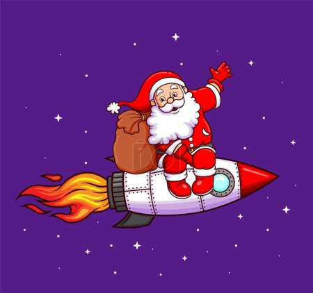 Téléchargez les photos : Le Père Noël heureux claus donne le cadeau de Noël avec la fusée turbo d'illustration - en image libre de droit
