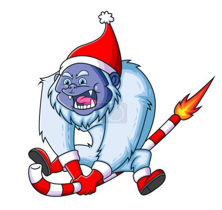 The big yeti is holding the firework candy cane and flying so fast of illustration