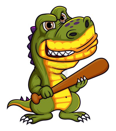 Illustration for Scary dinosaur character holding baseball stick of illustration - Royalty Free Image