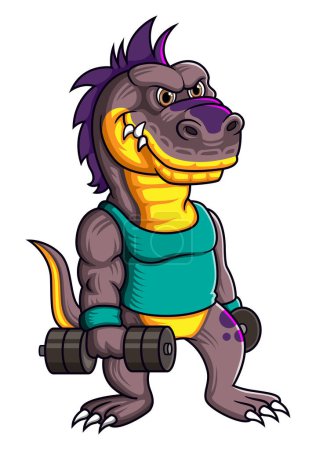 Illustration for Scary Dinosaur character with dumbbell weights pose of illustration - Royalty Free Image