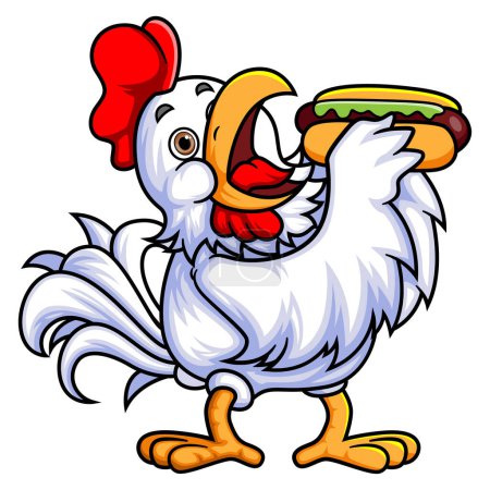 Illustration for A rooster eats a huge hotdog of illustration - Royalty Free Image