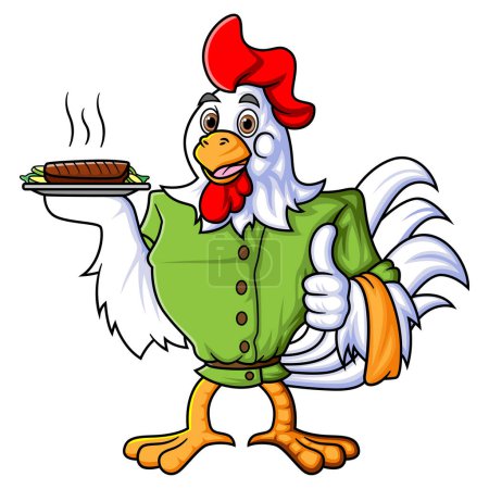 Téléchargez les illustrations : Un coq apporte une assiette avec de délicieux aliments d'illustration - en licence libre de droit
