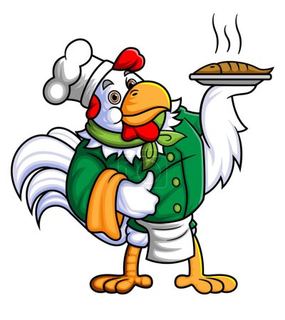 Ilustración de Un gallo trabajando como chef profesional lleva un plato de pescado fresco a la parrilla de ilustración - Imagen libre de derechos