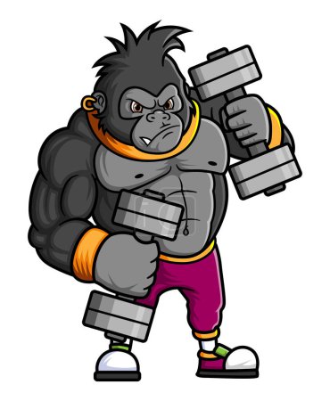 Ilustración de Un gorila fuerte ejercitando y levantando dos grandes barras en el gimnasio de la ilustración - Imagen libre de derechos