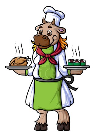 Illustration for A cartoon sheep working as a chef, carrying two plates of food of illustration - Royalty Free Image