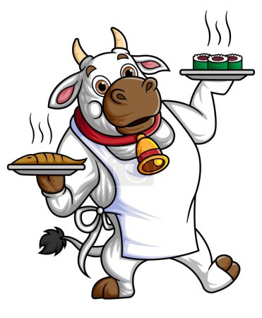 Téléchargez les illustrations : Une drôle de vache dessin animé travaillant comme serveur, portant deux assiettes de restauration rapide d'illustration - en licence libre de droit