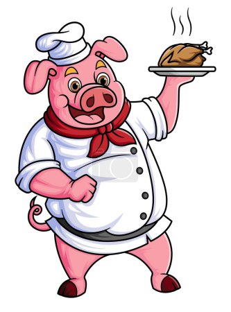 Illustration for A chubby cartoon pig working as a professional chef, carrying a plate of fried chicken of illustration - Royalty Free Image