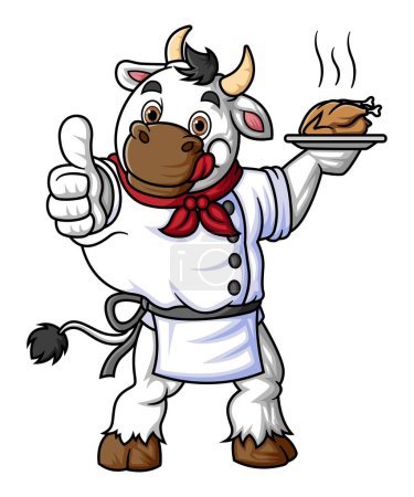 Ilustración de Una vaca de dibujos animados sonriendo, vistiendo un traje de chef, y posando con un pulgar hacia arriba de la ilustración - Imagen libre de derechos