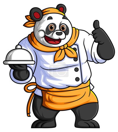 Illustration for A cute cartoon panda working as a professional chef, carrying a steel plate and posing with a thumbs up of illustration - Royalty Free Image