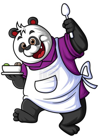 Téléchargez les illustrations : Un panda dessin animé mignon tenant un bol de soupe et une cuillère d'illustration - en licence libre de droit