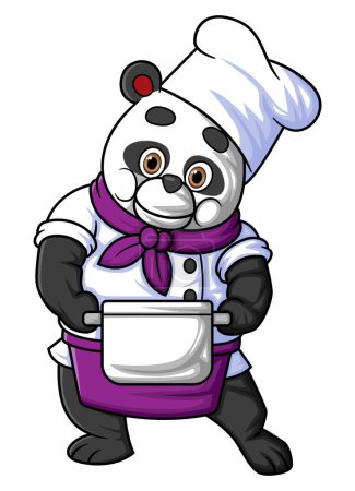 Téléchargez les illustrations : Un panda dessin animé portant la tenue d'un chef, posant tout en tenant une grande casserole d'illustration - en licence libre de droit