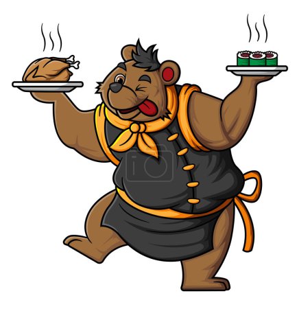 Illustration for Bear cartoon character wearing professional chef clothes carrying plate with traditional japanese food and fried chicken of illustration - Royalty Free Image