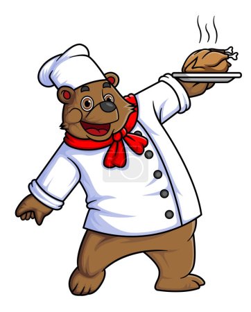 Ilustración de Gran personaje de dibujos animados oso con ropa de chef y llevando un gran pollo frito de ilustración - Imagen libre de derechos