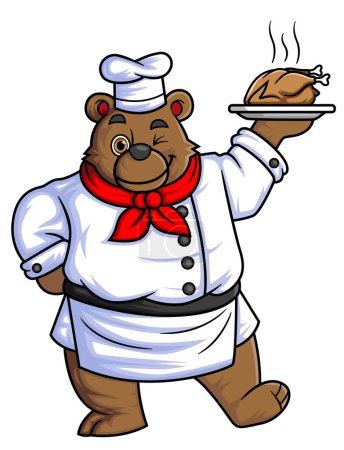 Téléchargez les illustrations : Grand personnage de dessin animé ours portant des vêtements de chef et chapeau de cuisine portant grand poulet frit de l'illustration - en licence libre de droit