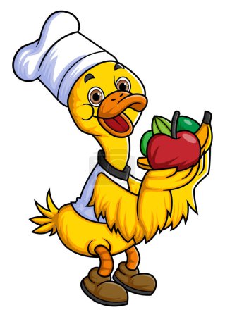 Ilustración de Lindo personaje de dibujos animados de pato es un chef profesional y trae frutas y verduras de la ilustración - Imagen libre de derechos