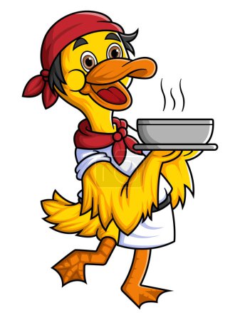 Ilustración de Lindo personaje de dibujos animados de pato es un chef profesional y lleva un gran tazón de sopa de ilustración - Imagen libre de derechos