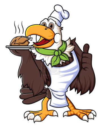 Illustration for A strong eagle cartoon character who works as a chef and wears a hat is posing for a thumbs up and brings grilled chicken food on a plate of illustration - Royalty Free Image