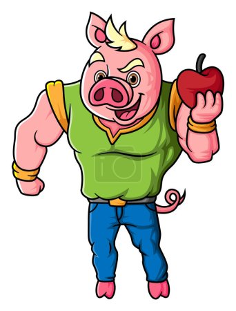 Téléchargez les illustrations : Caractères un cochon fort tenant une pomme d'illustration - en licence libre de droit