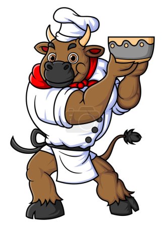 Ilustración de Personaje un toro grande trabajando como un chef profesional con un uniforme posando con un tazón de sopa de ilustración - Imagen libre de derechos