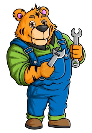 Illustration for The character of a big tiger wearing a mechanic uniform costume working as a professional mechanic is posing with a wrench of illustration - Royalty Free Image