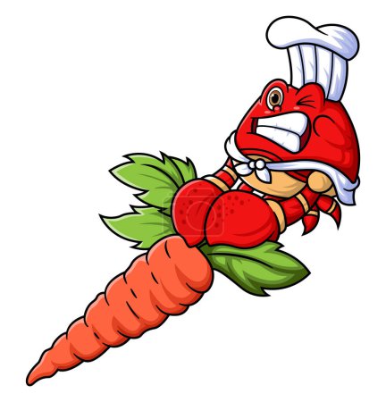 Téléchargez les illustrations : Le caractère mascotte d'un crabe mignon fonctionne comme un chef professionnel tirant une grosse carotte d'illustration - en licence libre de droit