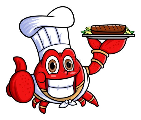 Téléchargez les illustrations : Le caractère mascotte d'un crabe mignon fonctionne comme un chef professionnel portant de la nourriture d'illustration - en licence libre de droit