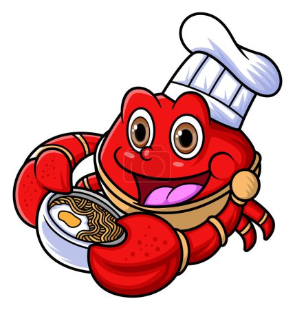 Ilustración de El carácter de la mascota de un cangrejo lindo funciona como un chef profesional llevaba cuencos de fideos muy sabrosos de la ilustración - Imagen libre de derechos