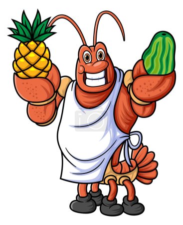 Illustration for The mascot character of a lobster works as a professional chef posing with a big pineapple and watermelon of illustration - Royalty Free Image