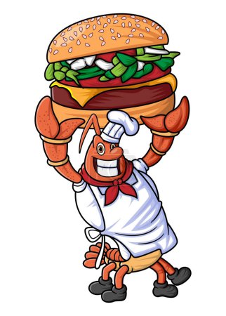 Téléchargez les illustrations : Le caractère mascotte d'un homard travaille comme un chef professionnel posant avec un grand et délicieux hamburger d'illustration - en licence libre de droit