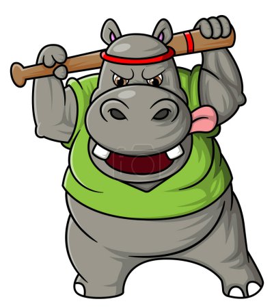 Illustration for Strong Hippo standing and holding baseball bit of illustration - Royalty Free Image
