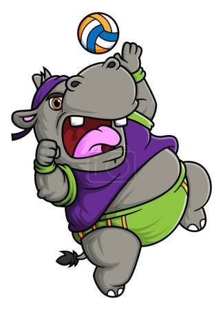 Illustration for Happy cute hippopotamus playing volleyball of illustration - Royalty Free Image