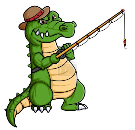 Téléchargez les illustrations : Dessin animé crocodile mignon pêche sur fond blanc de l'illustration - en licence libre de droit