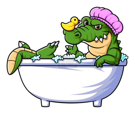 Téléchargez les illustrations : Dessin animé crocodile baignade dans la baignoire d'illustration - en licence libre de droit