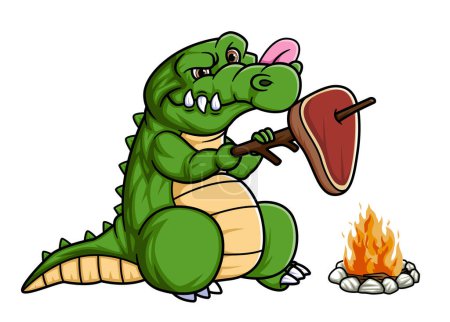 Téléchargez les illustrations : Dessin animé crocodile mignon griller la viande sur le feu de l'illustration - en licence libre de droit
