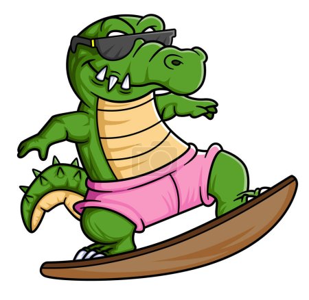Illustration for Funny crocodile surfing cartoon on white background of illustration - Royalty Free Image