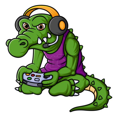 Téléchargez les illustrations : Crocodile jeu de jeu avec contrôleur et casque dessin animé de l'illustration - en licence libre de droit