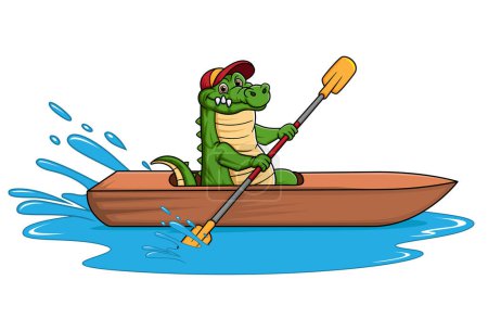 Téléchargez les illustrations : Crocodile dessin animé mignon aviron un bateau en bois d'illustration - en licence libre de droit