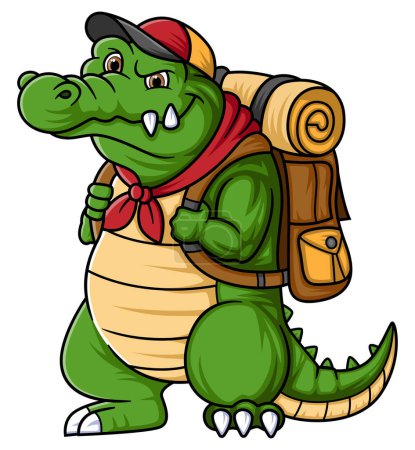 Illustration for Big Crocodile Traveling With Backpack Cartoon of illustration - Royalty Free Image