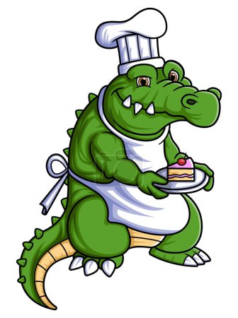 Téléchargez les illustrations : Forte mascotte de chef crocodile personnage de dessin animé avec gâteau d'illustration - en licence libre de droit