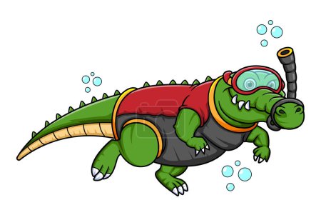Téléchargez les illustrations : Sport drôle crocodile plongée avec tuba personnage de dessin animé de l'illustration - en licence libre de droit