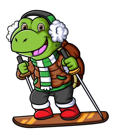 Téléchargez les illustrations : Dessin animé petite tortue ski alpin de l'illustration - en licence libre de droit