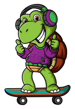 Téléchargez les illustrations : Dessin animé petite tortue jouant skateboard d'illustration - en licence libre de droit